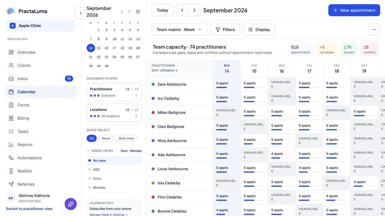 The actual PractaLuma calendar, showing the practice schedule.