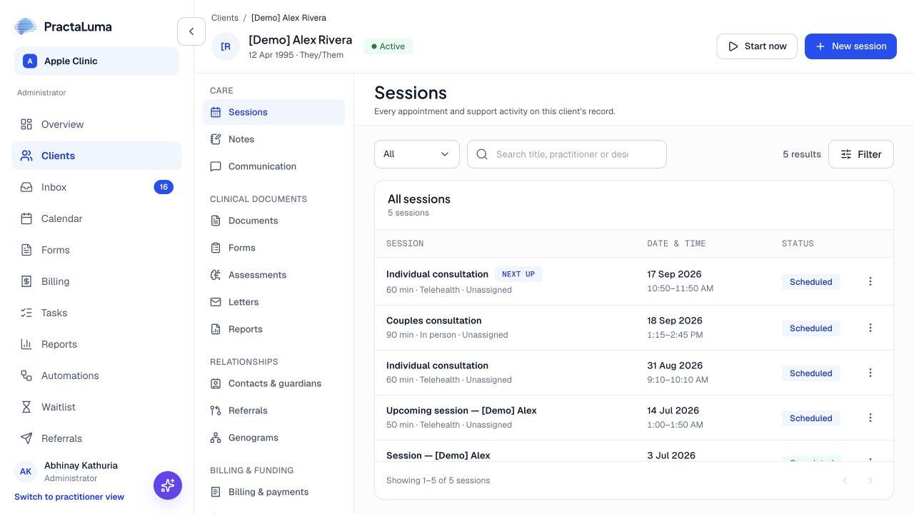 The actual PractaLuma client record interface.