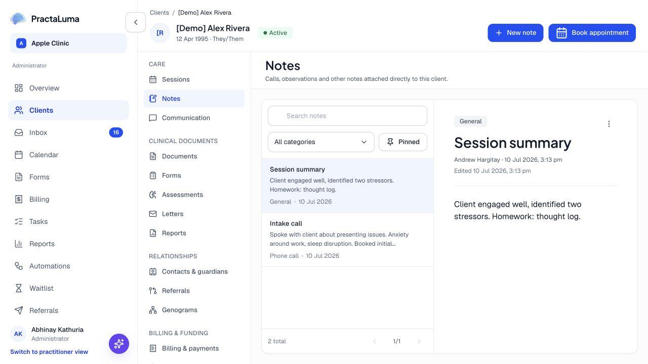 The actual PractaLuma client notes interface, showing a demonstration session summary.