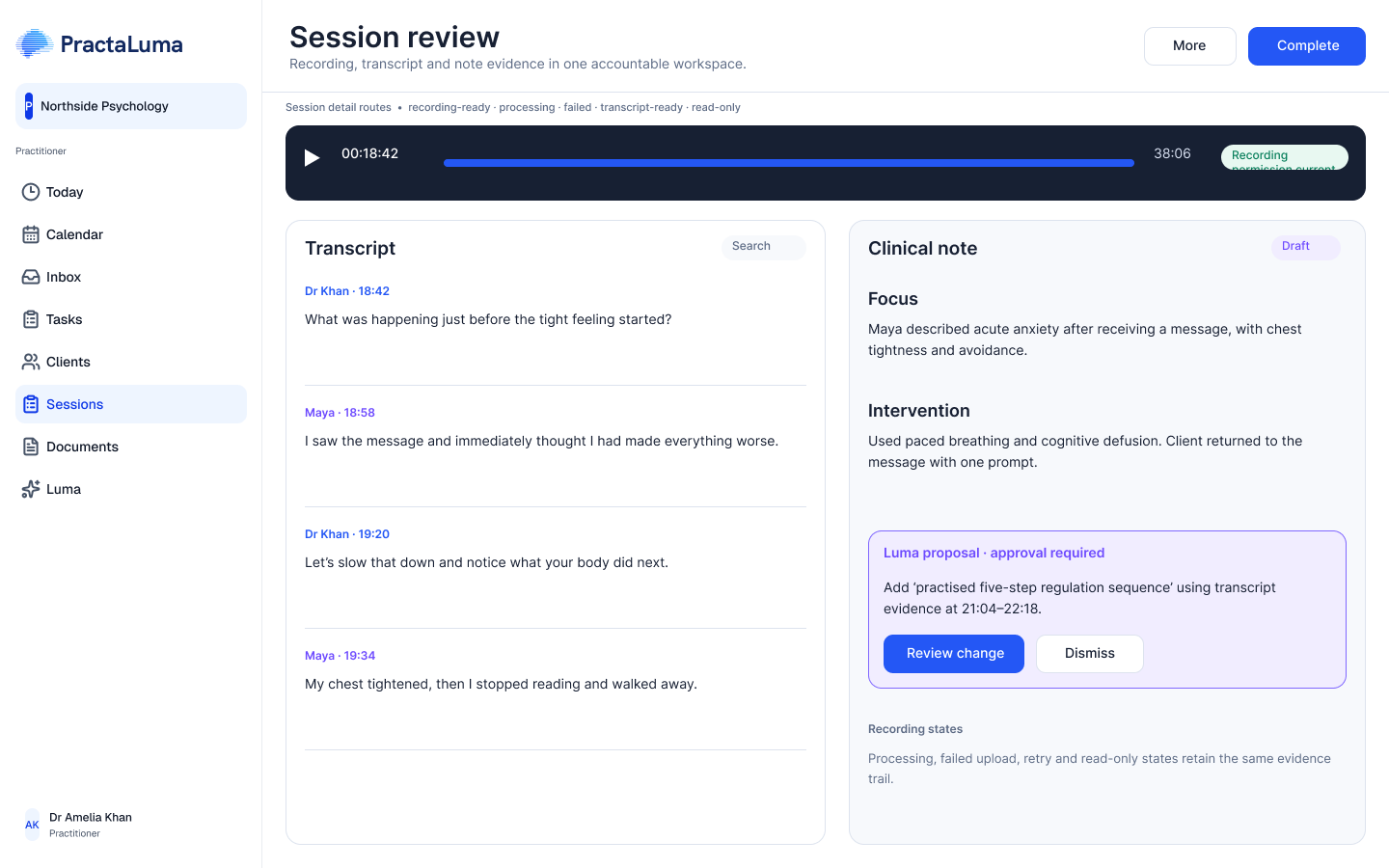 PractaLuma AI Scribe Figma product design showing a session transcript beside a note draft. Sample data.