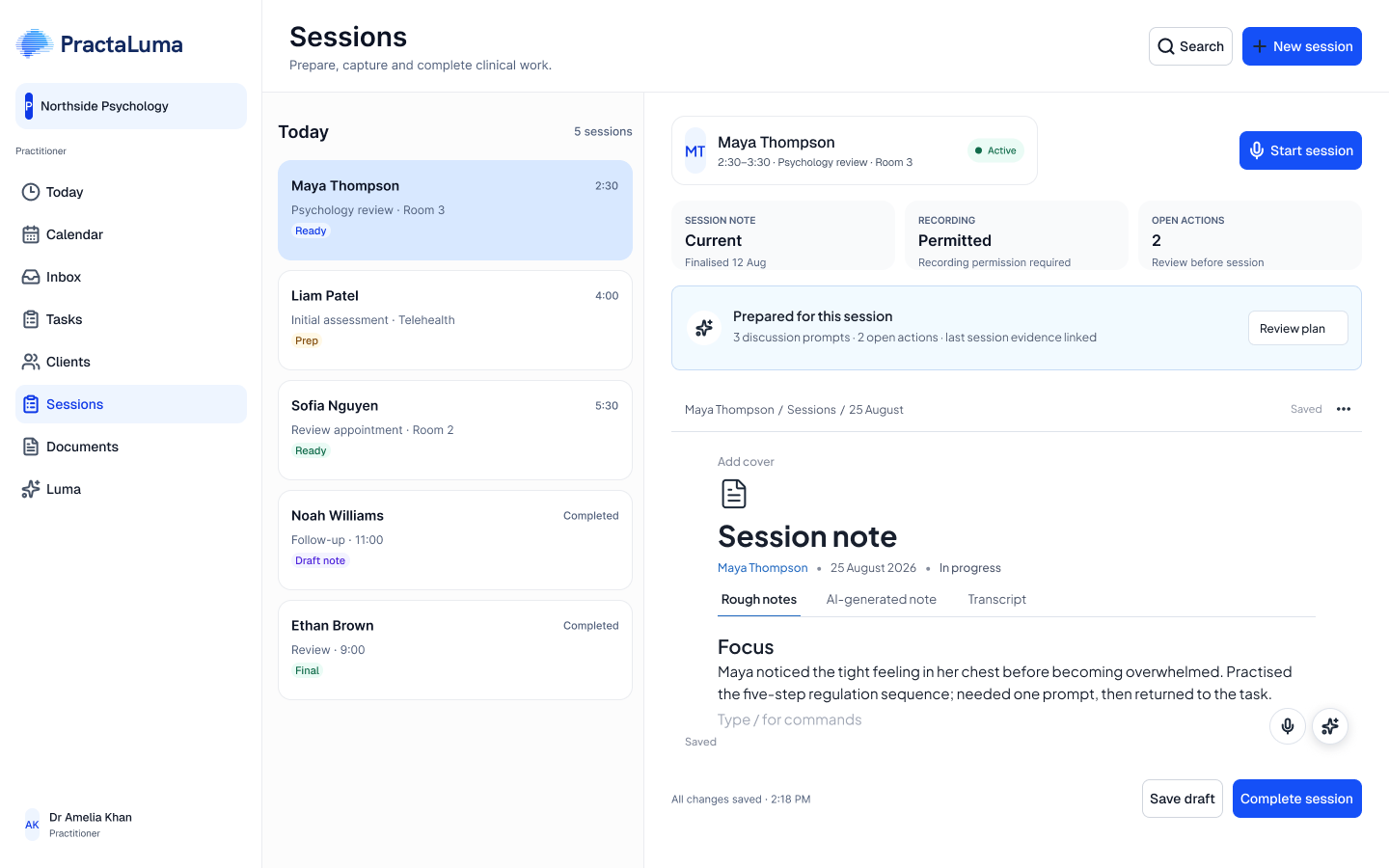 PractaLuma AI Scribe Figma product design showing the session workspace with rough notes, AI-generated notes and transcript tabs. Sample data.