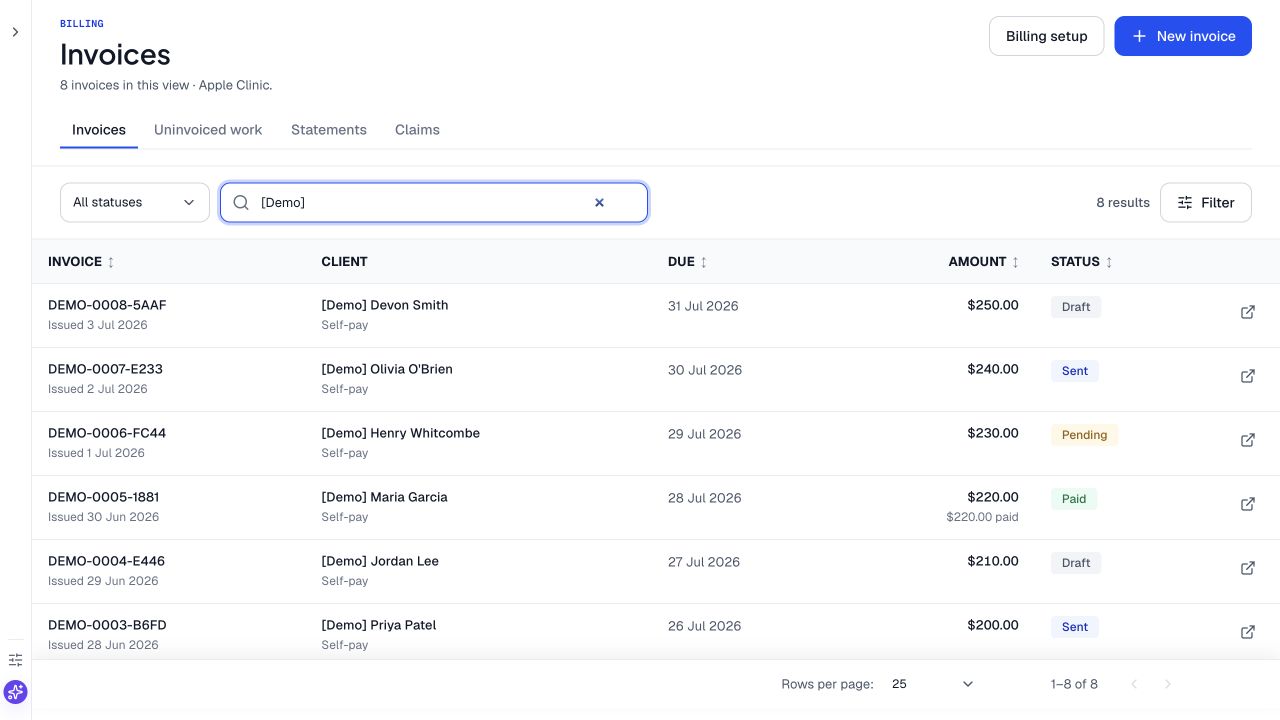 Luma invoice register filtered to eight explicitly labelled demo clients