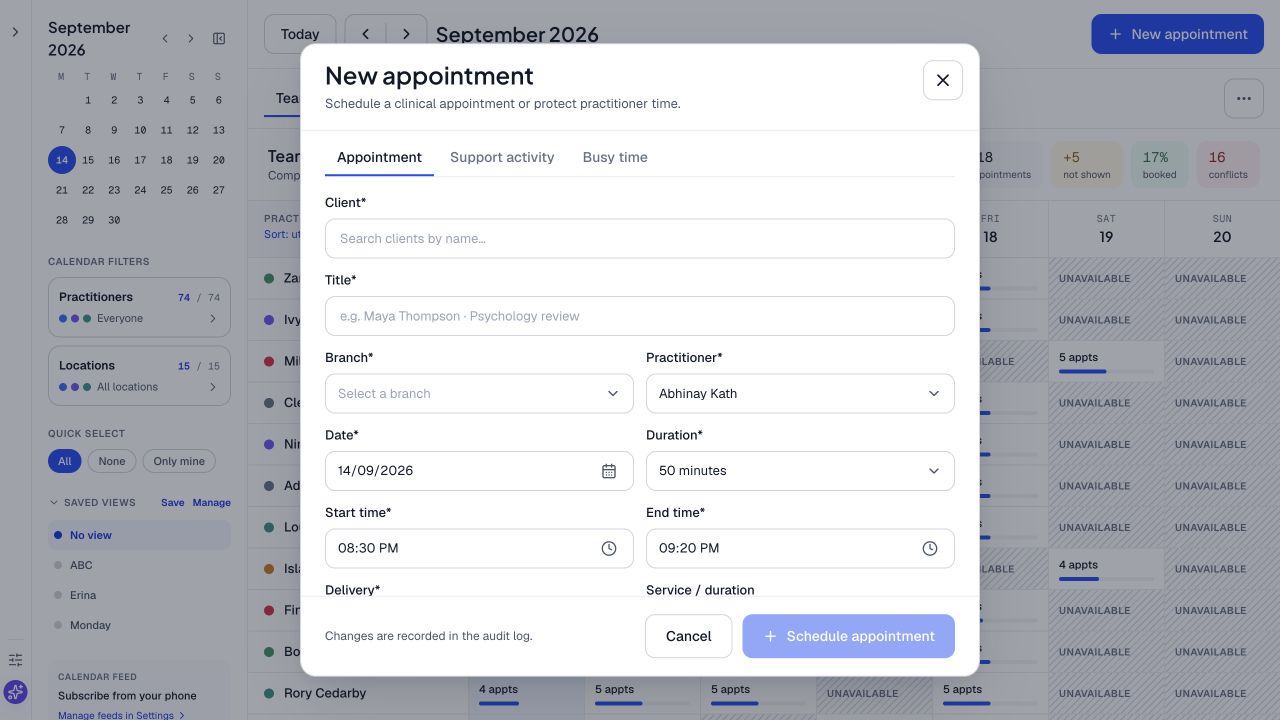 Luma appointment creation with client, service, practitioner and location fields