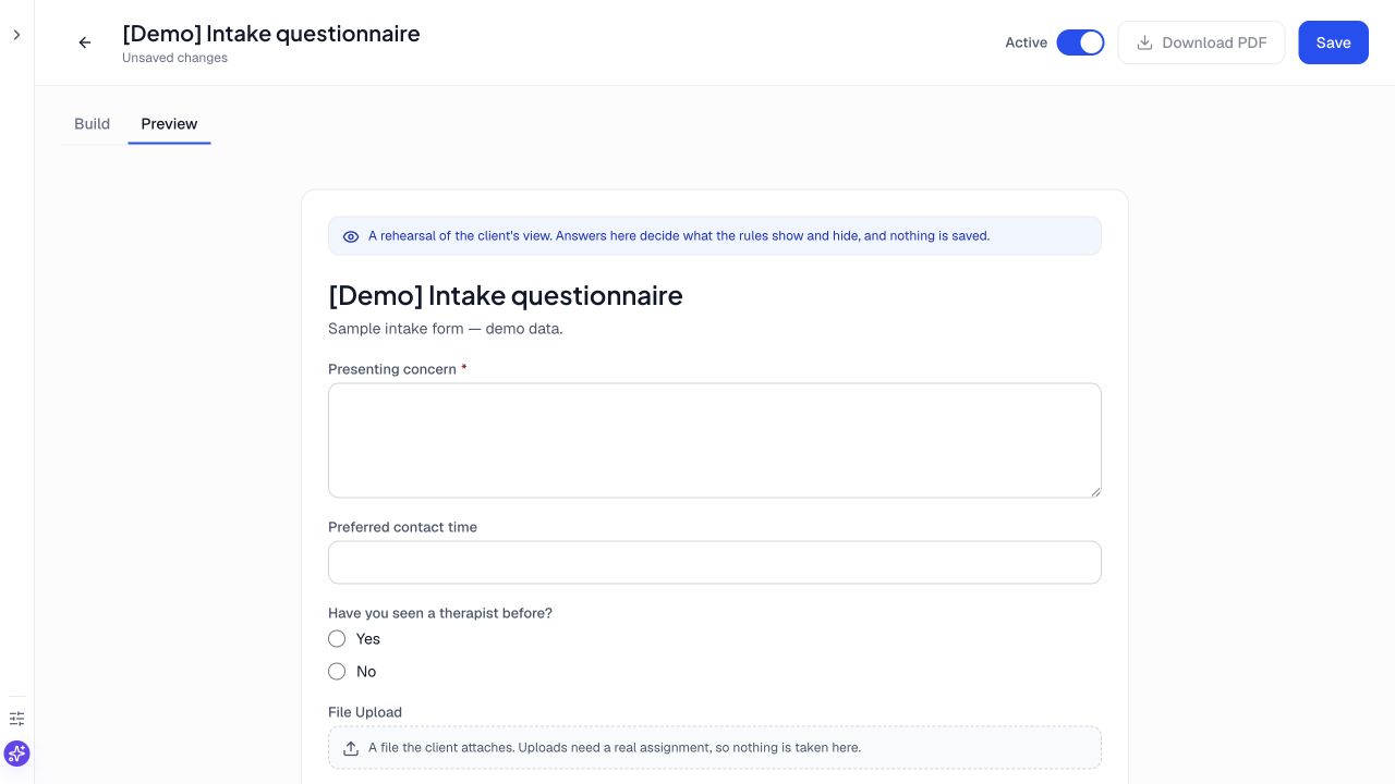 Preview of the demo intake questionnaire as the respondent would see it