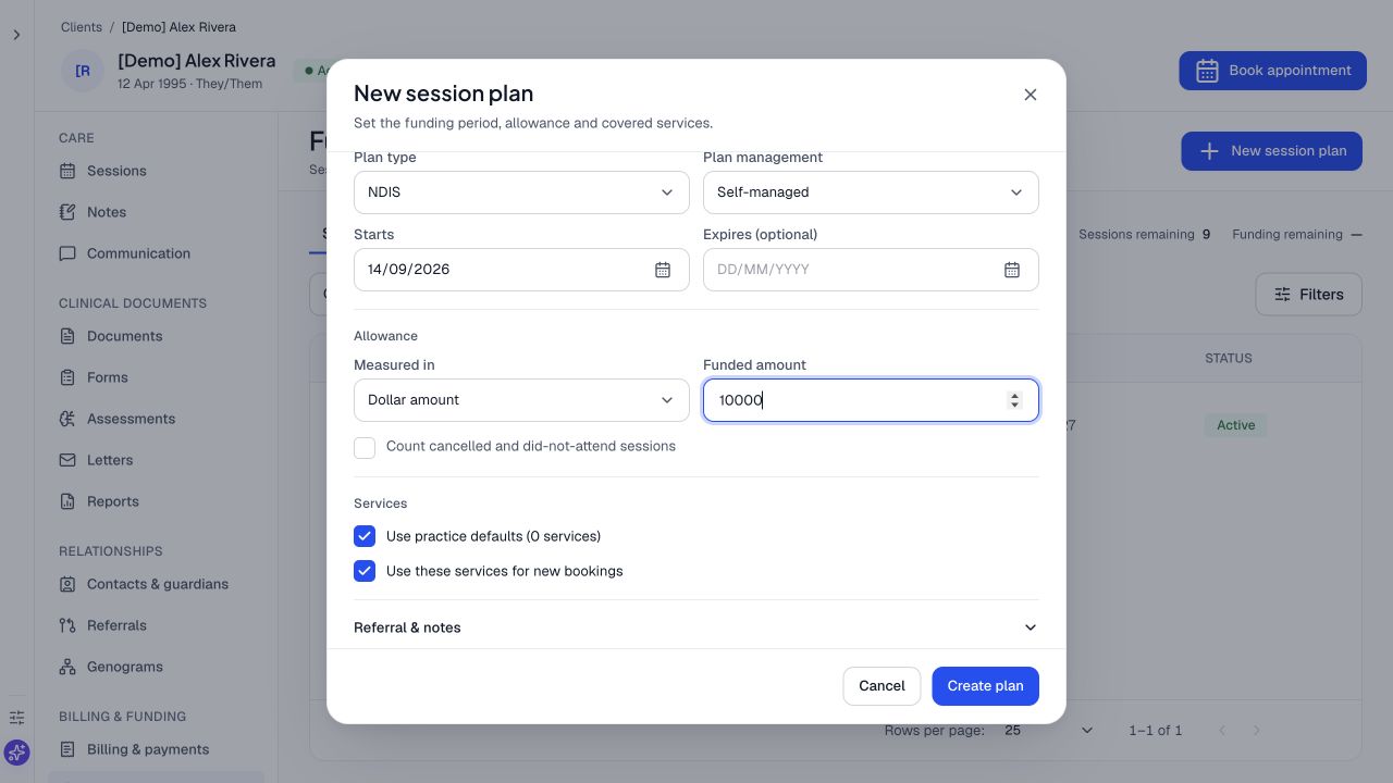 NDIS plan setup with a dollar-based allowance