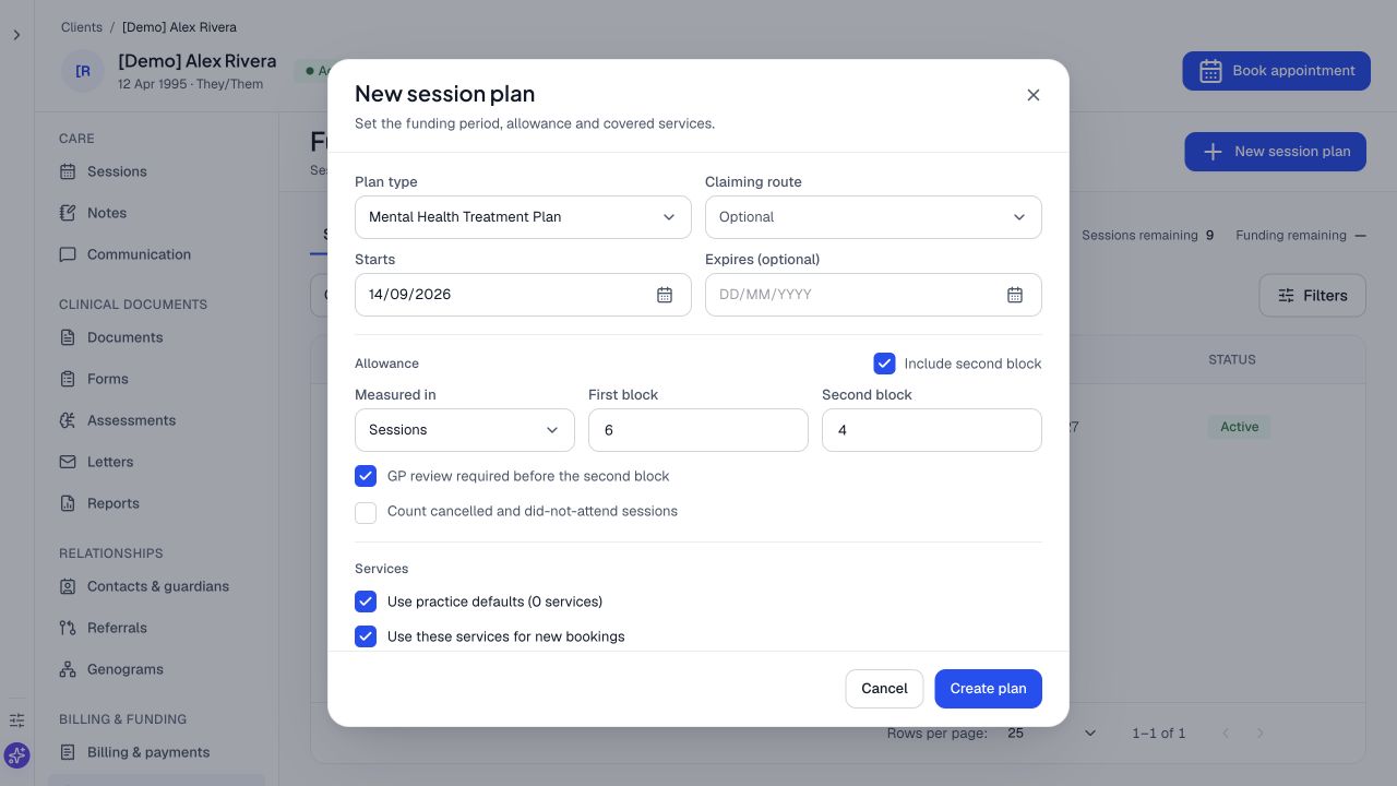 Session allowance setup with first and second blocks and a GP review setting