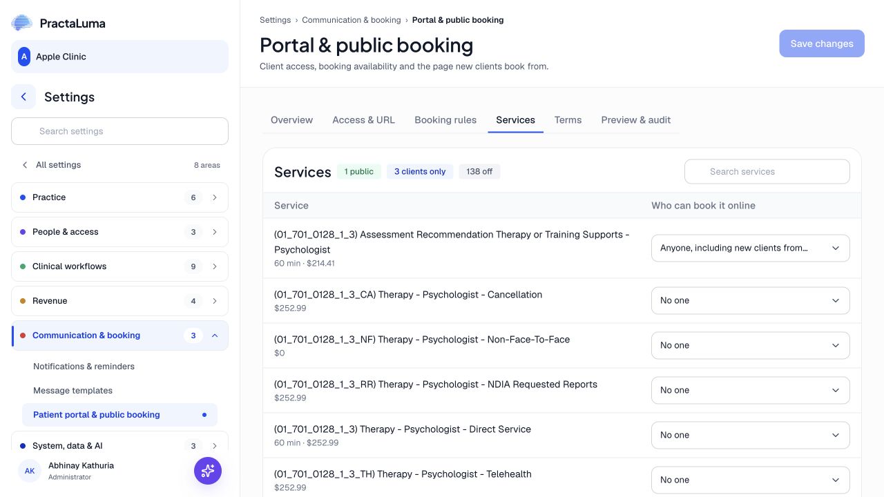 Practice controls for which services are available to portal clients or public bookings