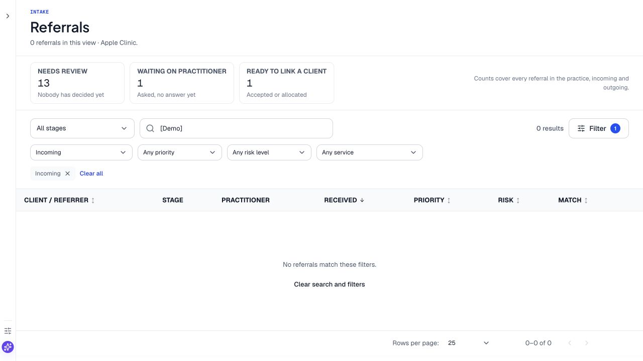 Referral filters for direction, priority, risk and requested service