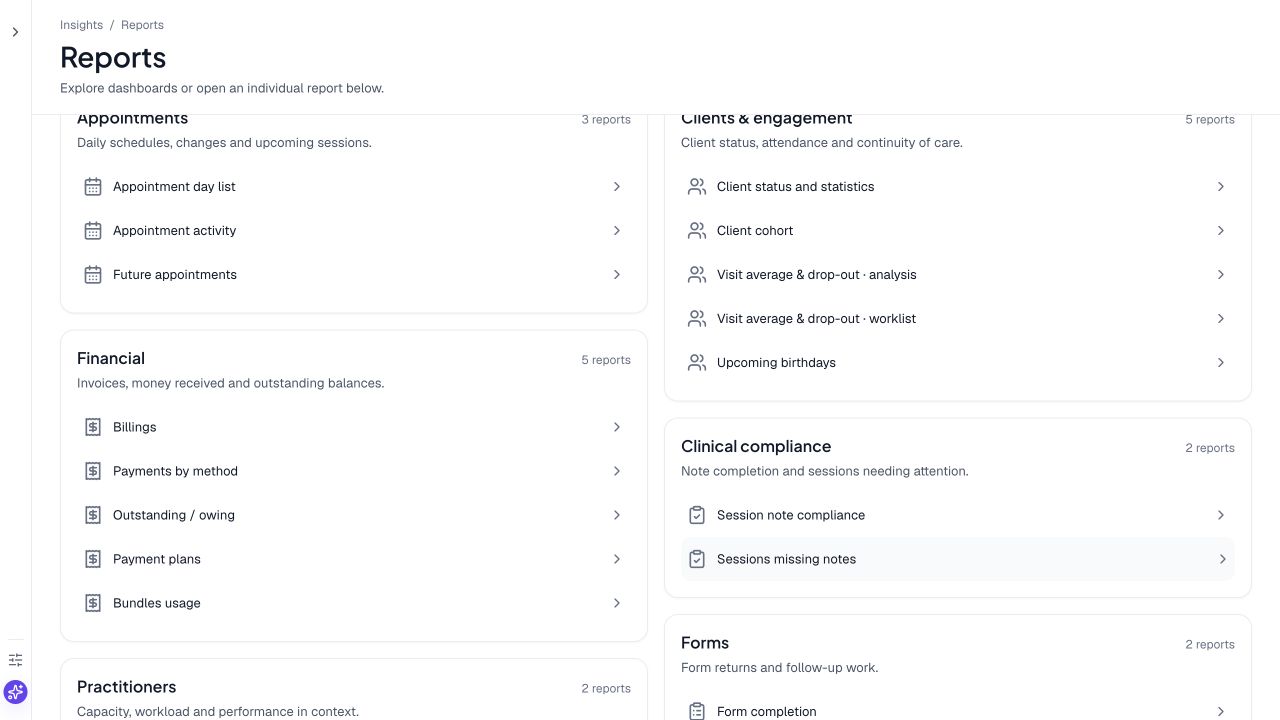 Individual reports grouped into appointments, finance, client engagement and clinical compliance