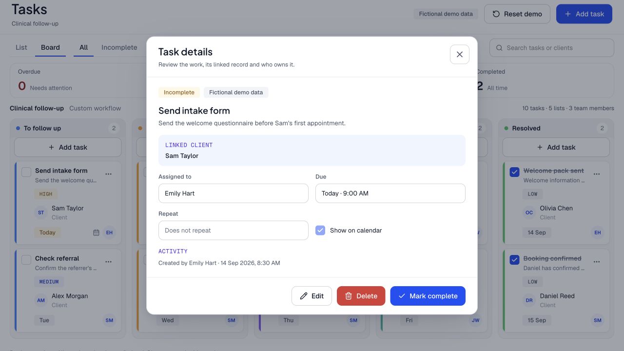 Fictional intake follow-up showing its description, linked client, owner, due date and calendar setting in Luma